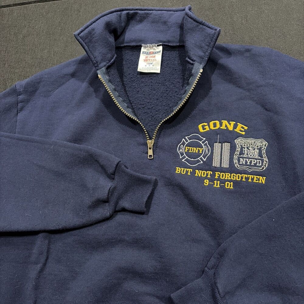 Jerzees Super Sweat 9-11-01 Memorial FDNY NYPD 1/4 Zip Sweater Pullover Navy